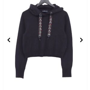 Zara Knit Cropped Knit Hoodie Navy w/ Jeweled Drawstrings Long Sleeve Sz Med